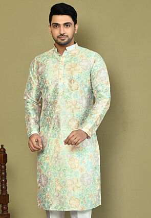 Embroidered Art Silk Kurta in Light Green