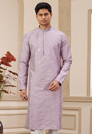 Embroidered Art Silk Kurta in Light Purple