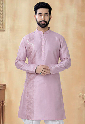 Embroidered Art Silk Kurta in Light Purple