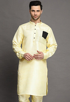 Embroidered Art Silk Kurta in Light Yellow