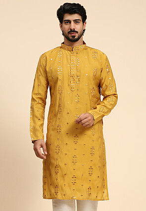 Embroidered Art Silk Kurta in Mustard