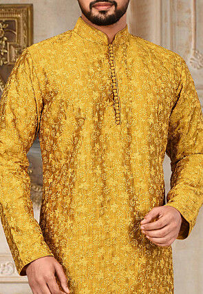 Embroidered Art Silk Kurta in Mustard