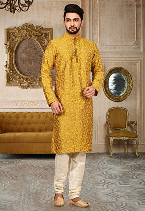 Embroidered Art Silk Kurta in Mustard