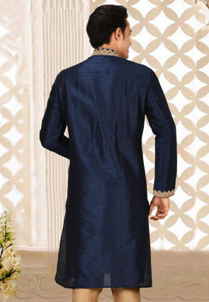 Embroidered Art Silk Kurta in Navy Blue