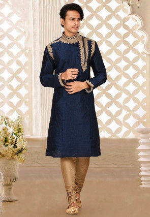 Embroidered Art Silk Kurta in Navy Blue