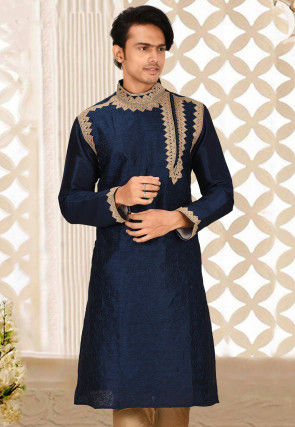 Embroidered Art Silk Kurta in Navy Blue