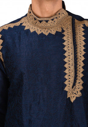Embroidered Art Silk Kurta in Navy Blue