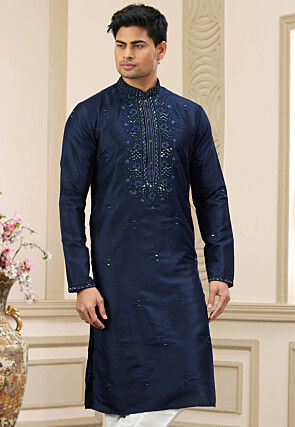 Embroidered Art Silk Kurta in Navy Blue