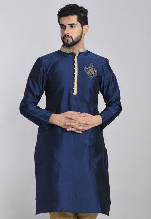 Embroidered Art Silk Kurta in Navy Blue