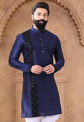 Embroidered Art Silk Kurta in Navy Blue