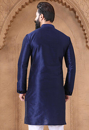 Embroidered Art Silk Kurta in Navy Blue