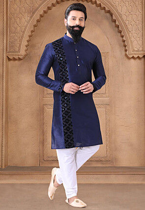 Embroidered Art Silk Kurta in Navy Blue