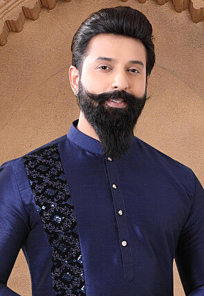 Embroidered Art Silk Kurta in Navy Blue