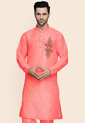 Embroidered Art Silk Kurta in Peach
