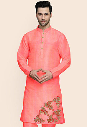 Embroidered Art Silk Kurta in Peach