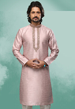 Embroidered Art Silk Kurta in Pink