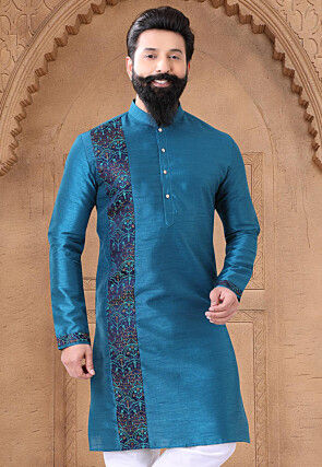 Embroidered Art Silk Kurta in Teal Blue