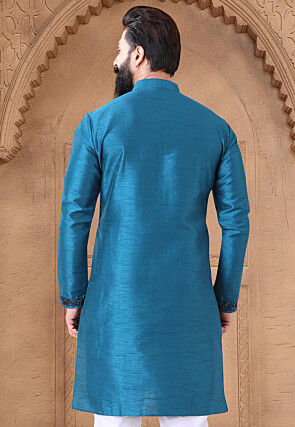 Embroidered Art Silk Kurta in Teal Blue