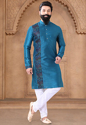 Embroidered Art Silk Kurta in Teal Blue