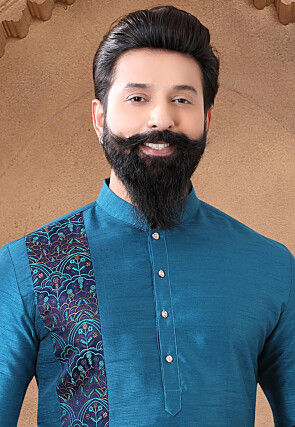 Embroidered Art Silk Kurta in Teal Blue