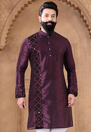 Embroidered Art Silk Kurta in Wine