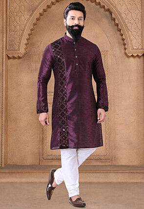 Embroidered Art Silk Kurta in Wine