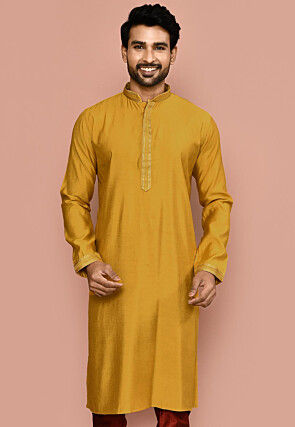 Embroidered Art Silk Kurta in Yellow