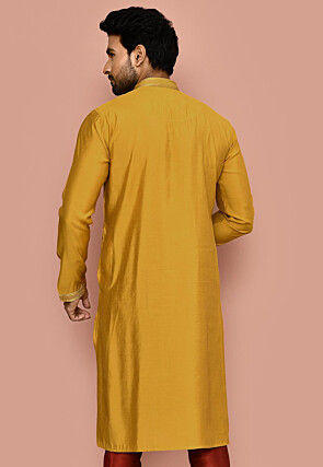 Embroidered Art Silk Kurta in Yellow