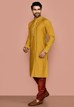 Embroidered Art Silk Kurta in Yellow