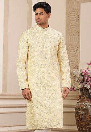 Embroidered Art Silk Kurta in Yellow