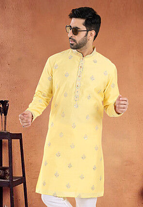 Embroidered Art Silk Kurta in Yellow