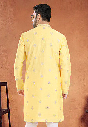 Embroidered Art Silk Kurta in Yellow