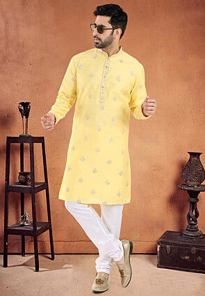 Embroidered Art Silk Kurta in Yellow