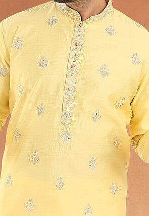 Embroidered Art Silk Kurta in Yellow