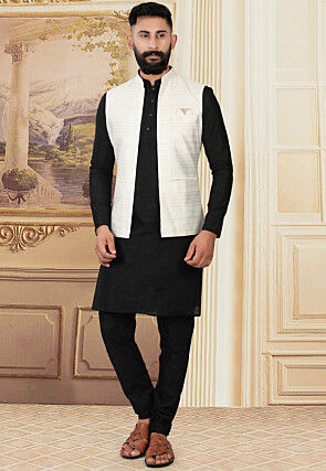 Embroidered Art Silk Kurta Jacket Set in Black and Off White