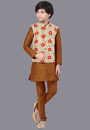Embroidered Art Silk Kurta Jacket Set in Brown and Cream