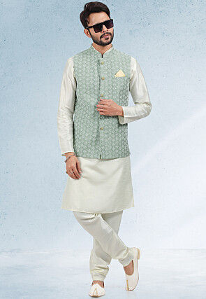 Embroidered Art Silk Kurta Jacket Set in Cream and Dusty Green