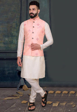PinkCityCreations PCC Mens Kurta Pajama Wedding Cotton Silk Peach India Party Wear Set Of 2