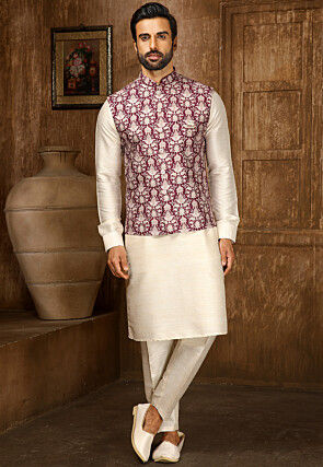 Embroidered Art Silk Kurta Jacket Set in Cream MGV1608