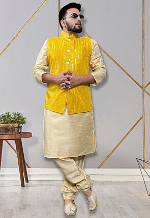 Buy Ocher Yellow Jacket Kurta Set In Art Silk With Bead Work And Printed  Pattern KALKI Fashion India