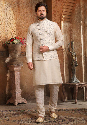 Embroidered Art Silk Kurta Jacket Set in Light Beige