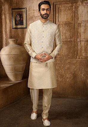 Embroidered Art Silk Kurta Jacket Set in Light Beige
