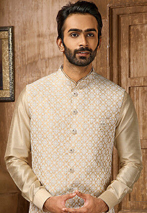 Embroidered Art Silk Kurta Jacket Set in Light Beige