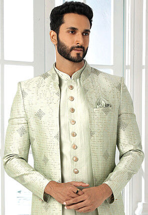 Embroidered Art Silk Kurta Jacket Set in Light Green