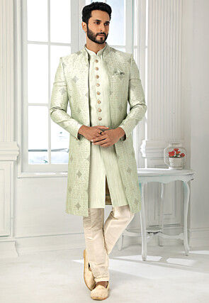 Embroidered Art Silk Kurta Jacket Set in Light Green