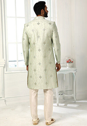 Embroidered Art Silk Kurta Jacket Set in Light Green