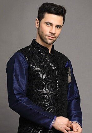 Embroidered Art Silk Kurta Jacket Set in Navy Blue and Black
