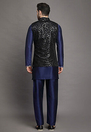 Embroidered Art Silk Kurta Jacket Set in Navy Blue and Black