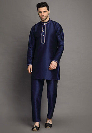 Embroidered Art Silk Kurta Jacket Set in Navy Blue and Black