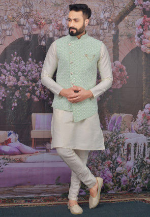 Embroidered Art Silk Kurta Jacket Set in Off White and Green
